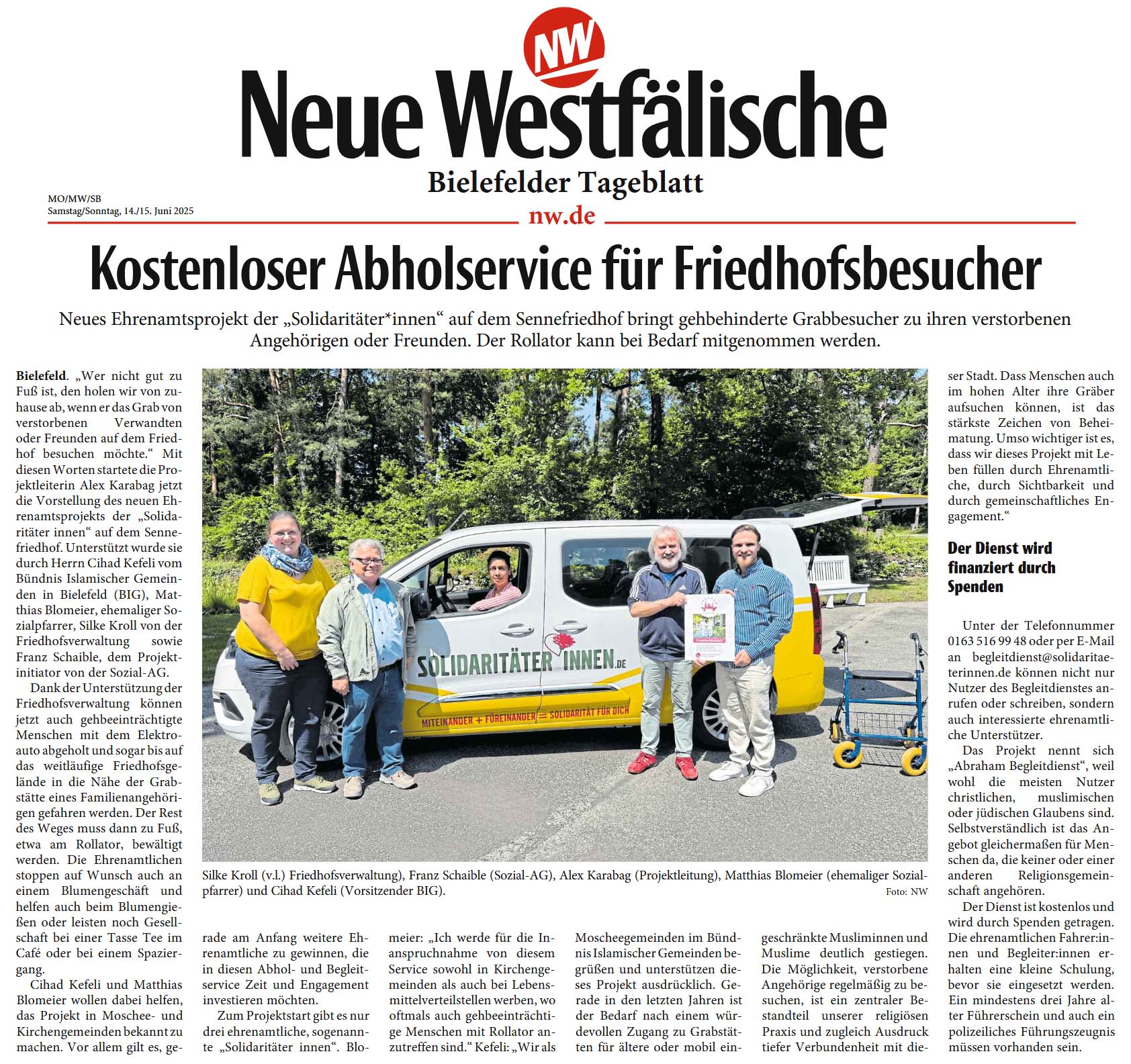 Zeitungsartikel in der NW vom 14.6.2025: Kostenloser Abholservive für Friedhofsbesucher