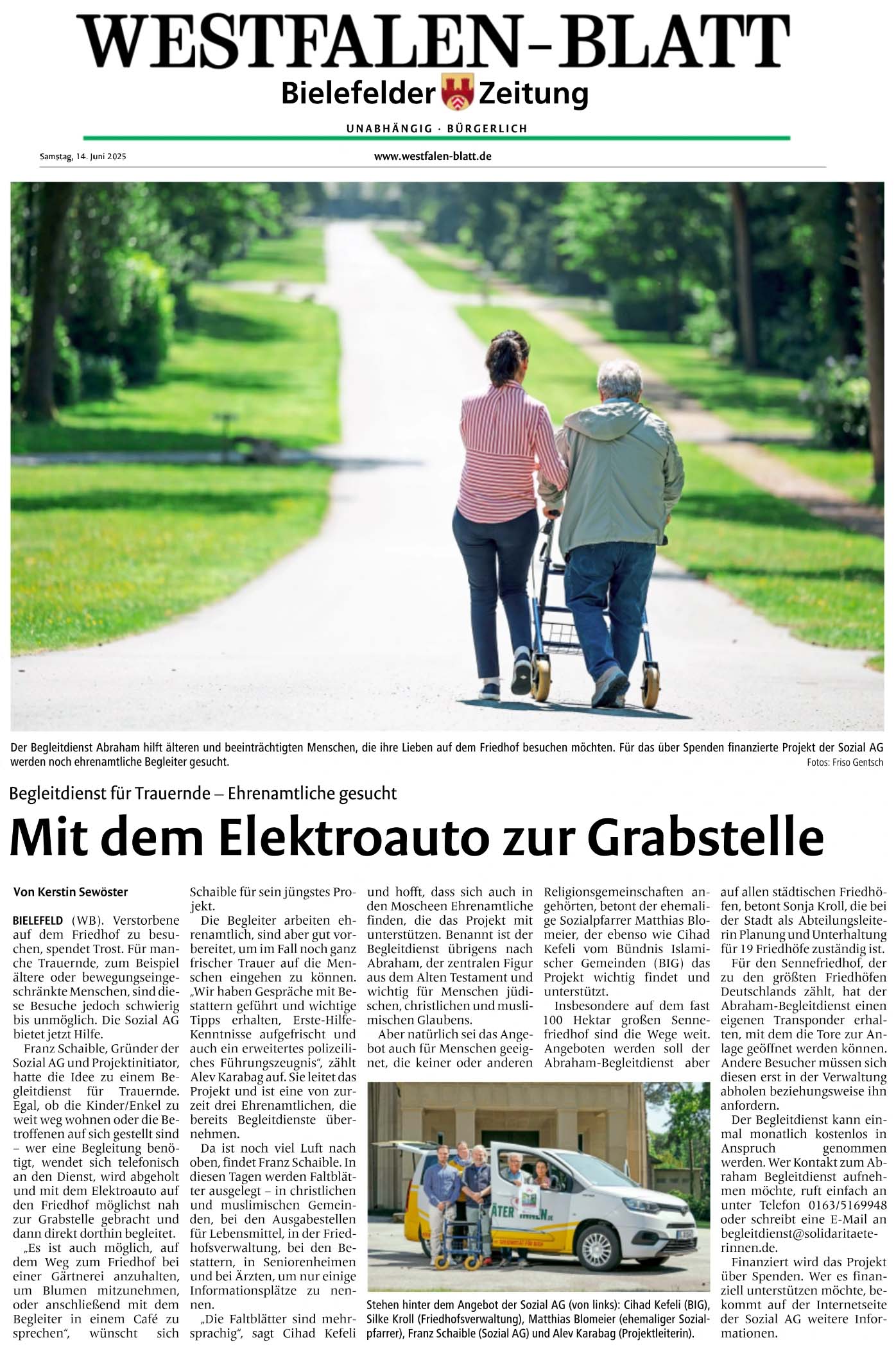 Zeitungsartikel im WB vom 14.6.2025: Mit dem Elektroauto zur Grabstelle